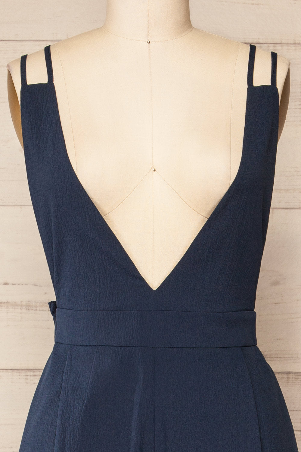 Osaka Navy V-neck Palazzo Jumpsuit w/ Open-back front close-up