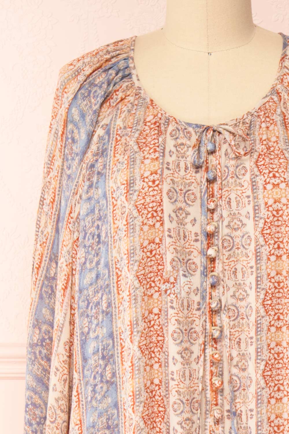 Ouadjet Beige Patterned Long Sleeve Midi Dress | Boutique 1861  front close-up