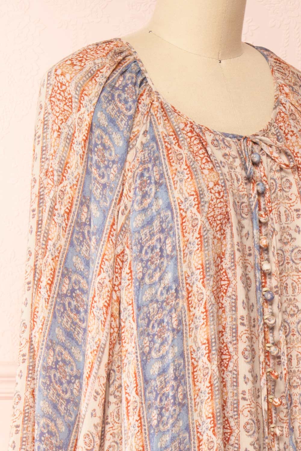 Ouadjet Beige Patterned Long Sleeve Midi Dress | Boutique 1861  side close-up
