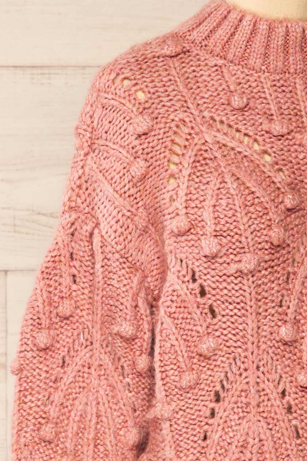 Ouardia Pink Chunky Knit Open-Work Sweater | La petite garçonne side close-up