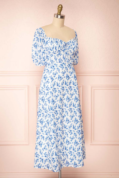 Ouiza White & Blue Floral Midi Dress w/ Puffy Sleeves | Boutique 1861 side view