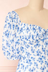 Ouiza White & Blue Floral Midi Dress w/ Puffy Sleeves | Boutique 1861 side close-up