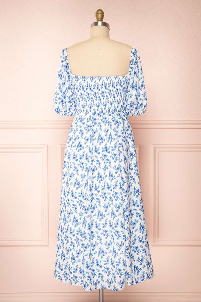 Ouiza White & Blue Floral Midi Dress w/ Puffy Sleeves | Boutique 1861 back view