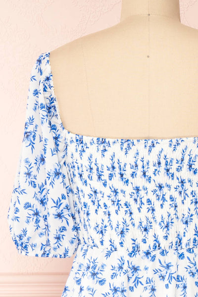 Ouiza White & Blue Floral Midi Dress w/ Puffy Sleeves | Boutique 1861 back close-up