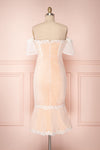 Oustina White Mesh & Peach Mermaid Cocktail Dress | Boutique 1861 side close-up