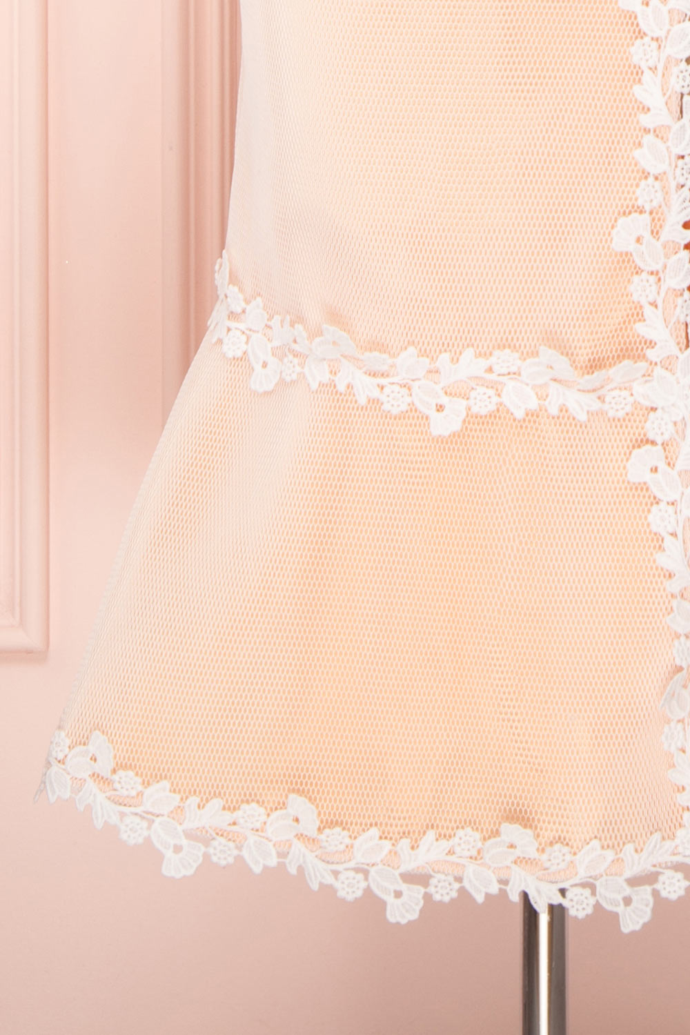 Oustina White Mesh & Peach Mermaid Cocktail Dress | Boutique 1861 bottom close-up