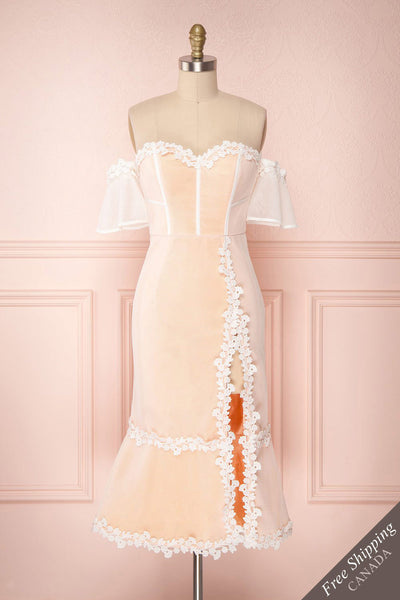 Oustina White Mesh & Peach Mermaid Cocktail Dress | Boutique 1861 front view