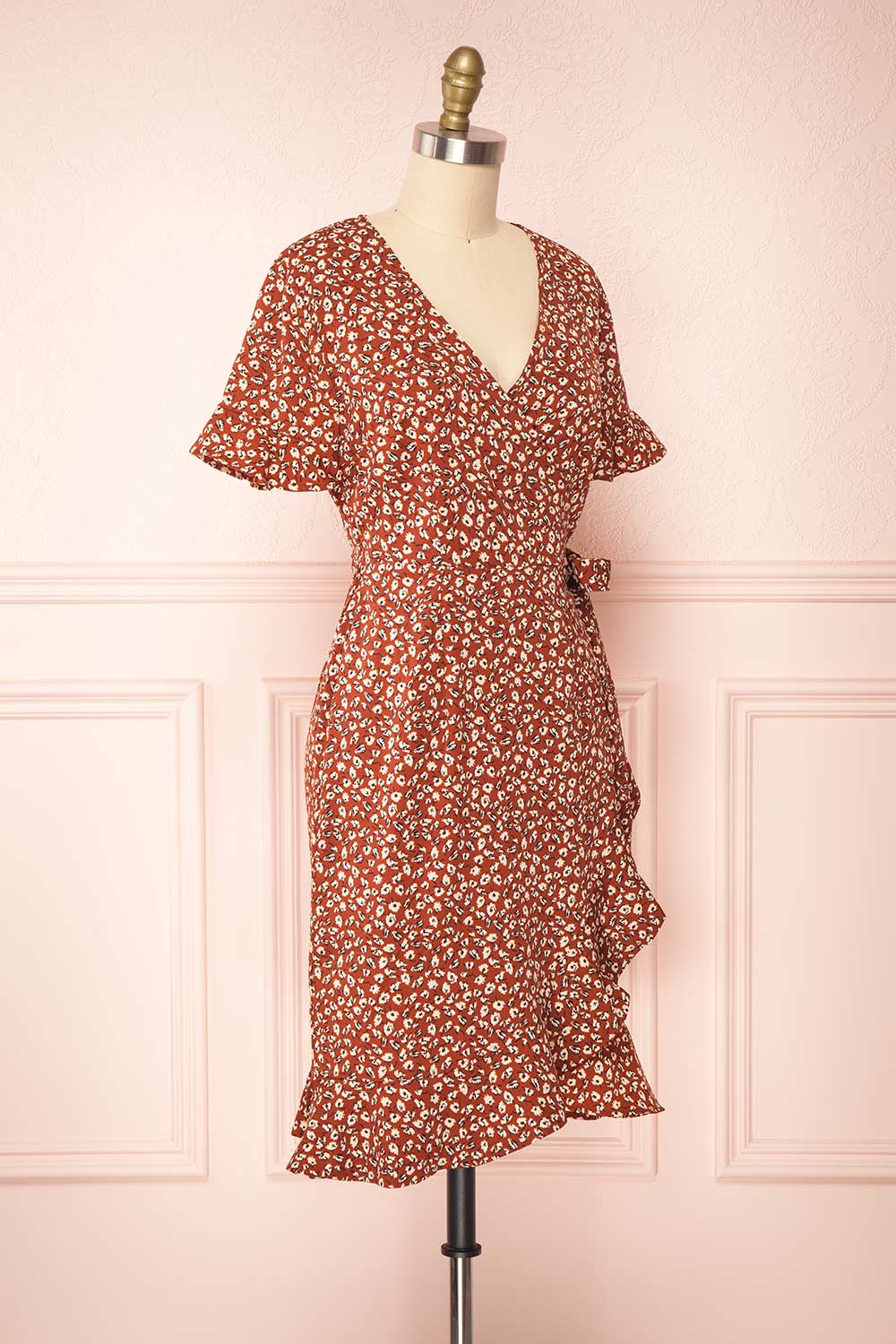 Oxylos Brown Floral Short Wrap Dress w/ Ruffles | Boutique 1861 side view