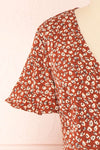 Oxylos Brown Floral Short Wrap Dress w/ Ruffles | Boutique 1861 front close-up
