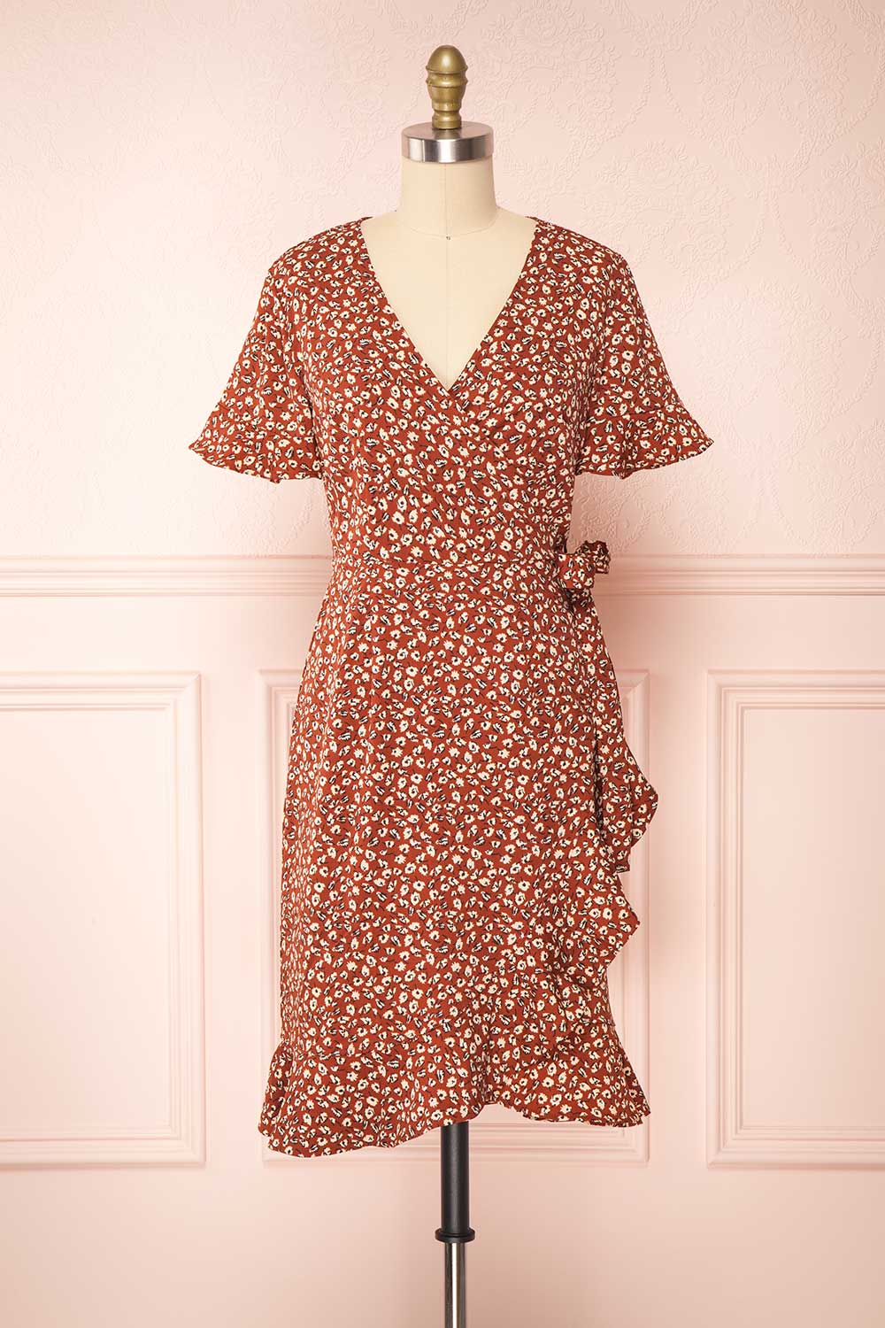 Oxylos Brown Floral Short Wrap Dress w/ Ruffles | Boutique 1861 front view
