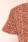 Oxylos Brown Floral Short Wrap Dress w/ Ruffles | Boutique 1861 back close-up