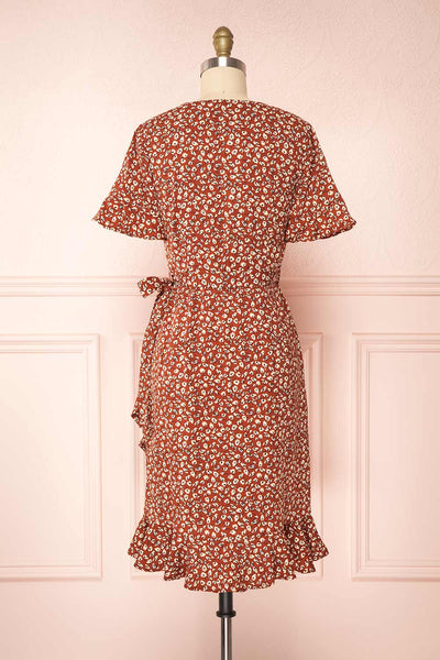Oxylos Brown Floral Short Wrap Dress w/ Ruffles | Boutique 1861 back view