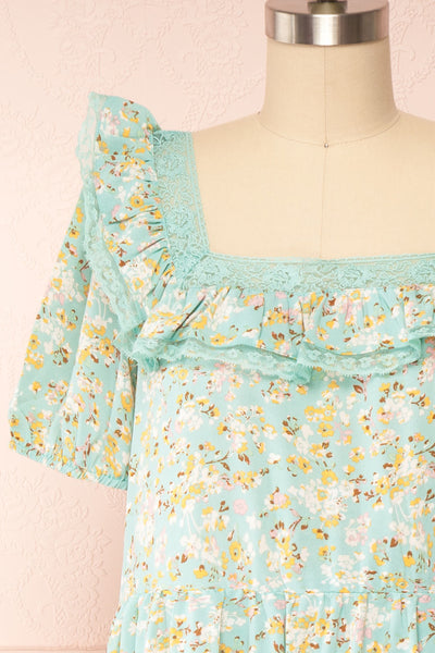 Oydis Mint Floral Midi Dress w/ Square Neck | Boutique 1861  front close up
