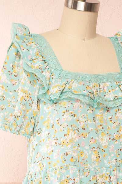 Oydis Mint Floral Midi Dress w/ Square Neck | Boutique 1861 side close up