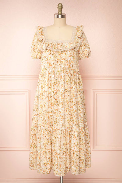 Oydis Taupe Floral Midi Dress w/ Square Neck | Boutique 1861  front view