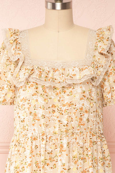 Oydis Taupe Floral Midi Dress w/ Square Neck | Boutique 1861  front close up