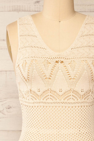 Ozma Beige Crochet Midi Dress | La petite garçonne front close-up