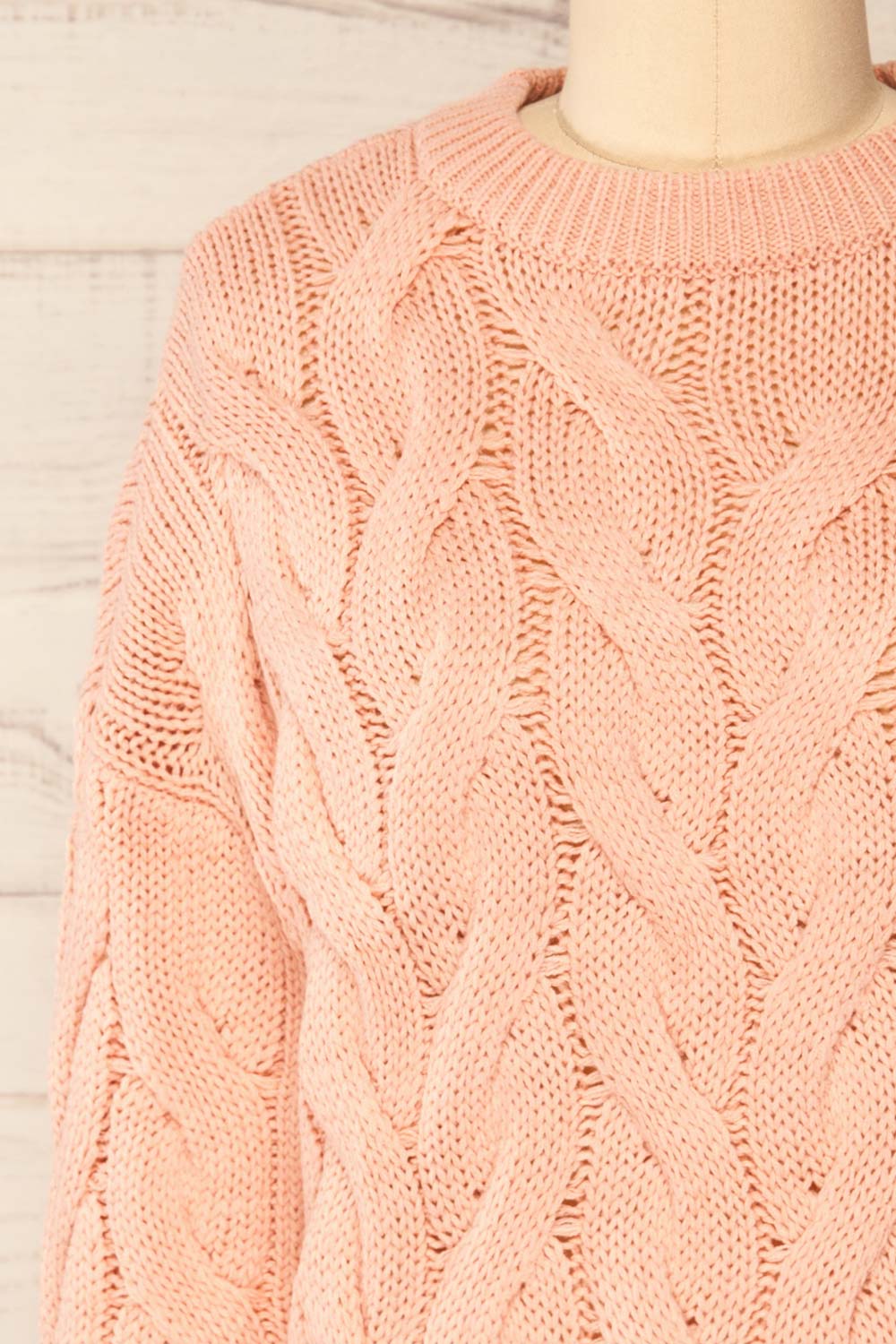 Paide Pink Cable Knit Sweater | La petite garçonne front close-up