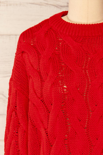 Paide Red Cable Knit Sweater | La petite garçonne front close-up