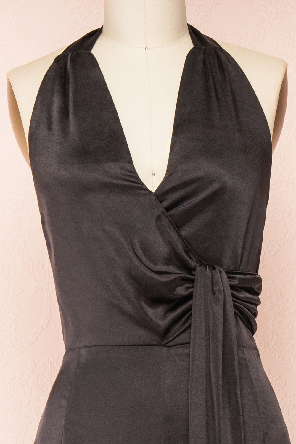 Paige Black Sleeveless Satin Jumpsuit w/ Belt | Boutique 1861 front close-up