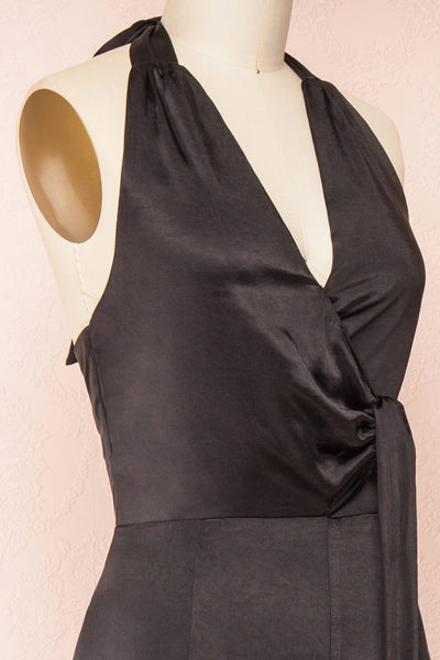 Paige Black Sleeveless Satin Jumpsuit w/ Belt | Boutique 1861 side close-up