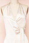 Paige Champagne Halter Neck Sleeveless Satin Jumpsuit w/ Belt |  Boutique 1861 front close-up