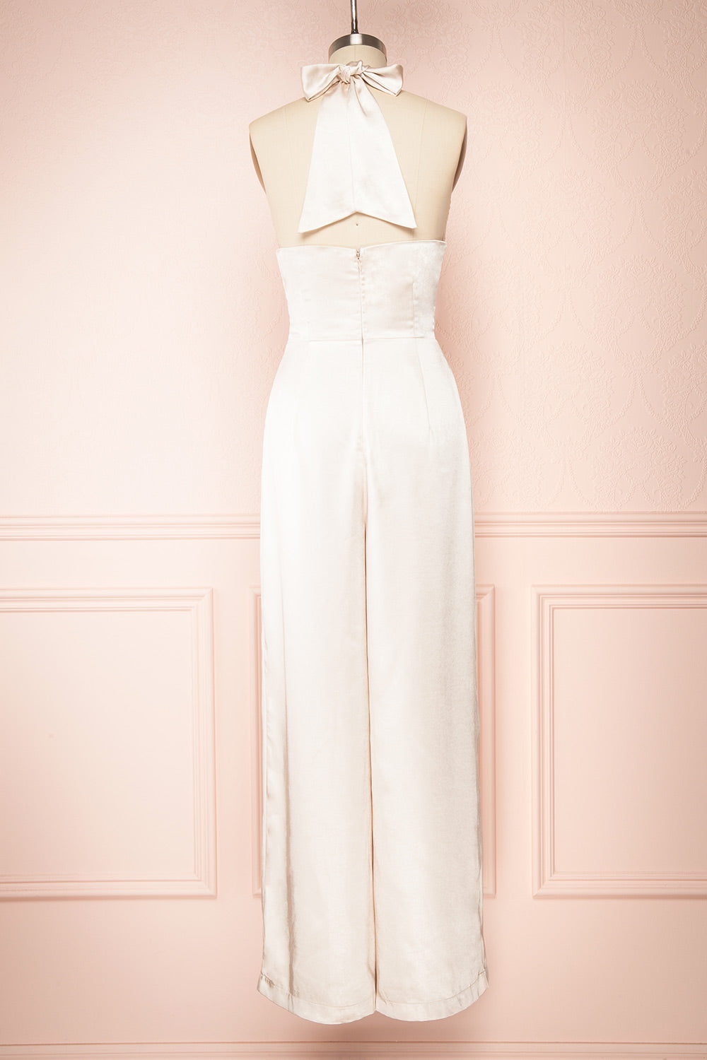 Paige Champagne Halter Neck Sleeveless Satin Jumpsuit w/ Belt | Boutique 1861 back view