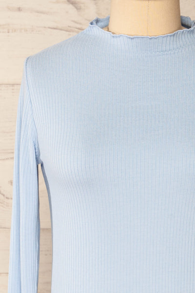 Palencia Blue Ribbed Long Sleeve Top w/ Frills | La petite garçonne front close-up