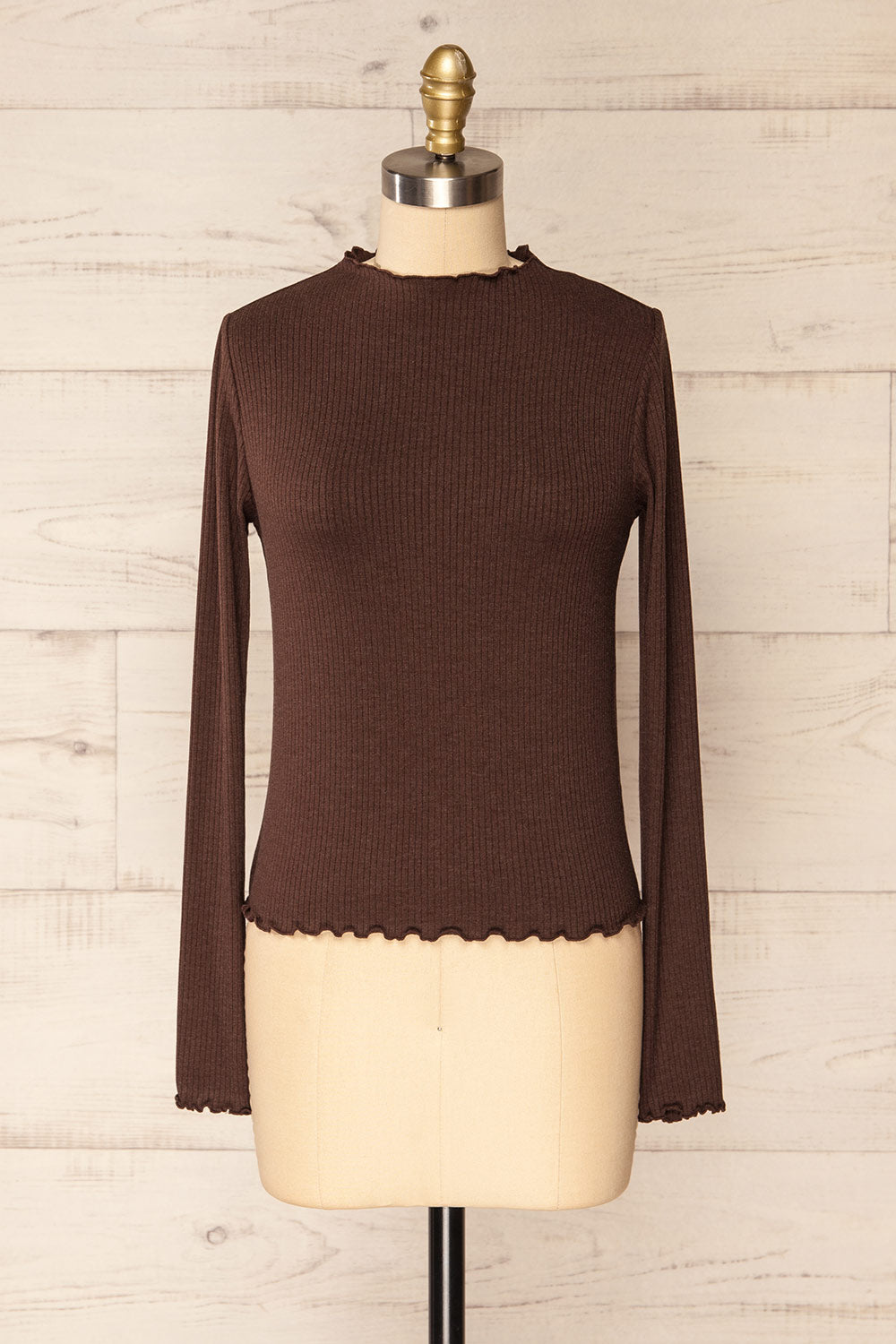 Palencia Brown Ribbed Long Sleeve Top w/ Frills