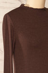 Palencia Brown Ribbed Long Sleeve Top w/ Frills| La petite garçonne side close-up