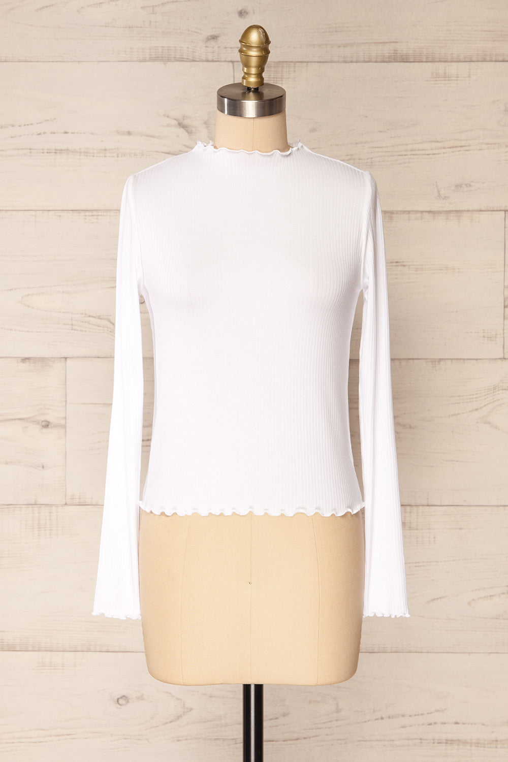 Palencia White Ribbed Long Sleeve Top w/ Frills| La petite garçonne front view 