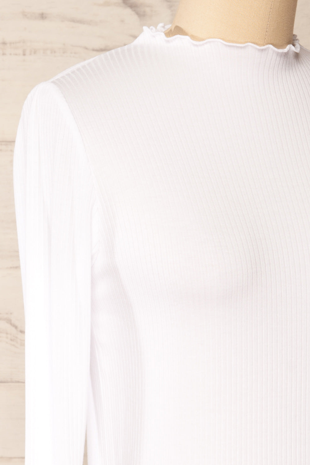 Palencia White Ribbed Long Sleeve Top w/ Frills| La petite garçonne side close-up