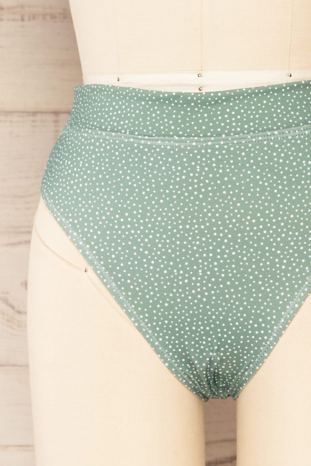 Palic Green High-Waisted Polka Dot Bikini Bottom | La petite garçonne front close-up