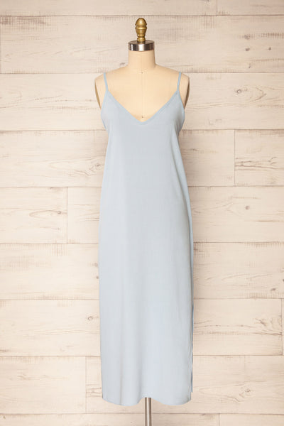Palmi Blue V-Neck Midi Slip Dress by Dailystory | La petite garçonne front view