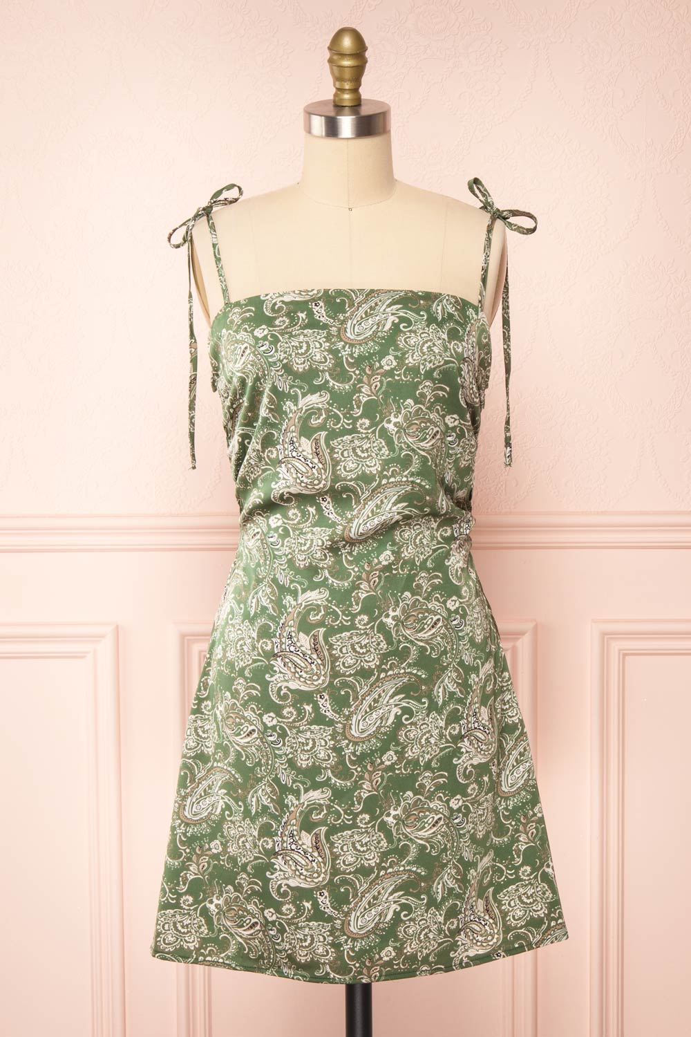 Pamela Short Paisley Satin Dress w/ Tie Straps | Boutique 1861 front view
