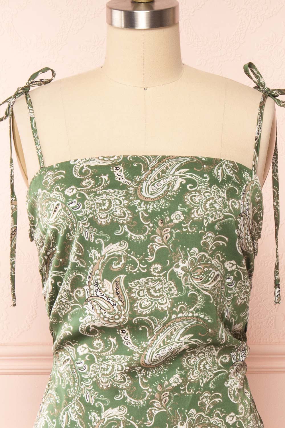 Pamela Short Paisley Satin Dress w/ Tie Straps | Boutique 1861 frotn close up
