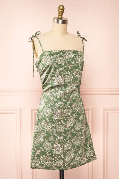 Pamela Short Paisley Satin Dress w/ Tie Straps | Boutique 1861 side view