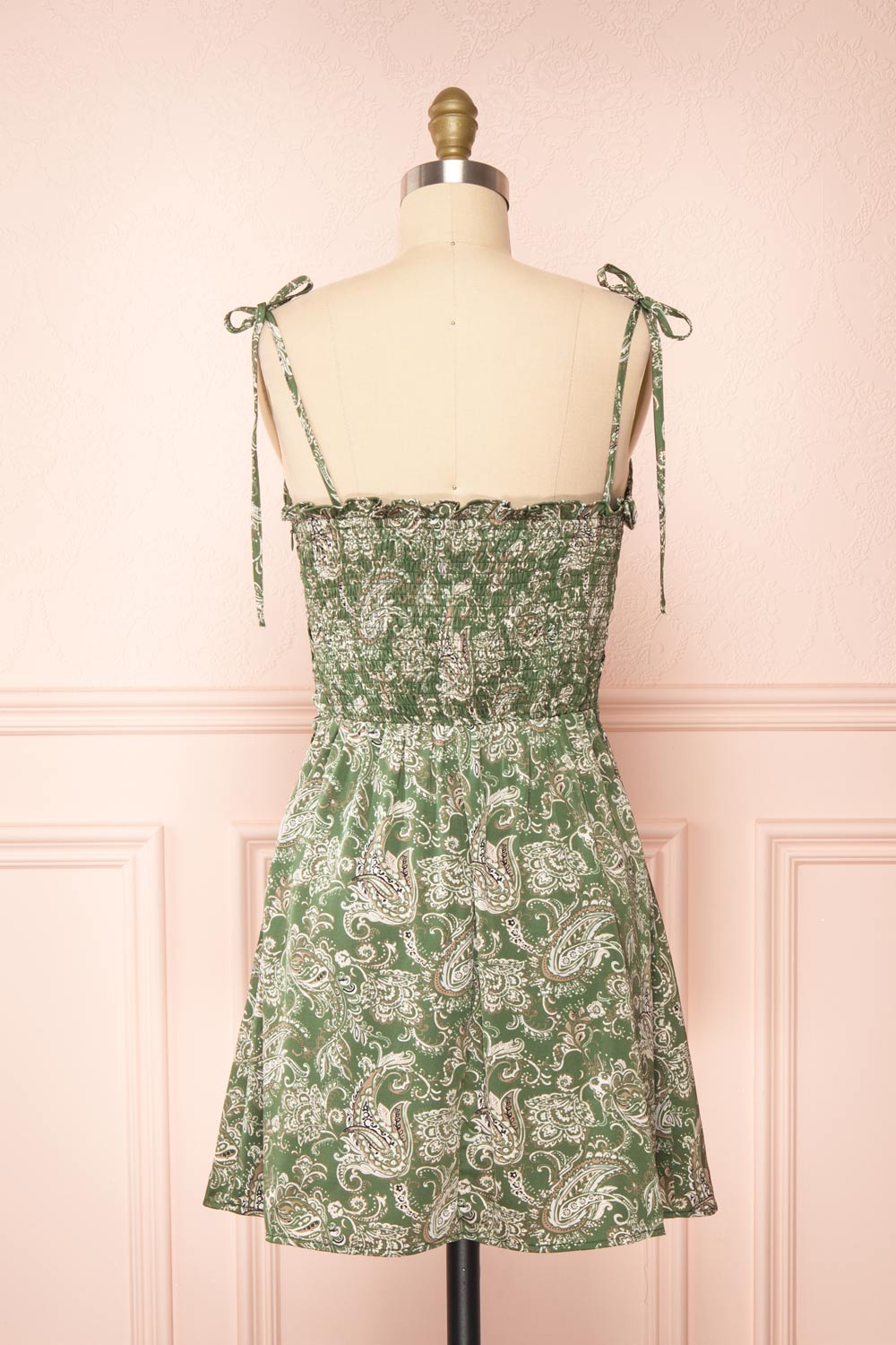 Pamela Short Paisley Satin Dress w/ Tie Straps | Boutique 1861back view
