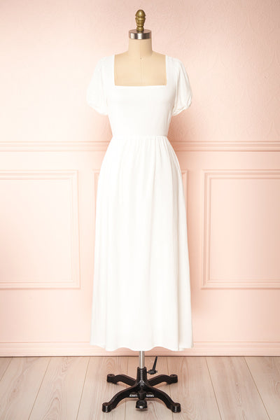 Pamua White Open Back Puffy Sleeve Midi Dress | Boutique 1861 front view