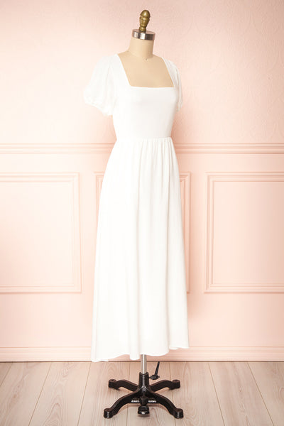 Pamua White Open Back Puffy Sleeve Midi Dress | Boutique 1861 side view