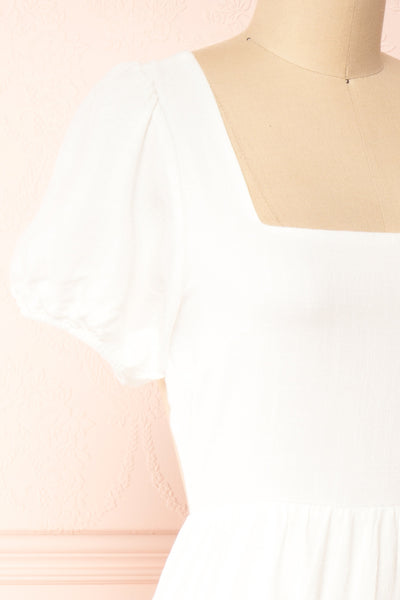 Pamua White Open Back Puffy Sleeve Midi Dress | Boutique 1861 side close-up
