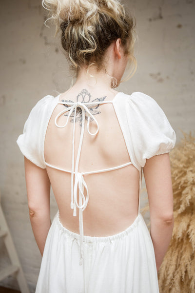 Pamua White Open Back Puffy Sleeve Midi Dress | Boutique 1861 model