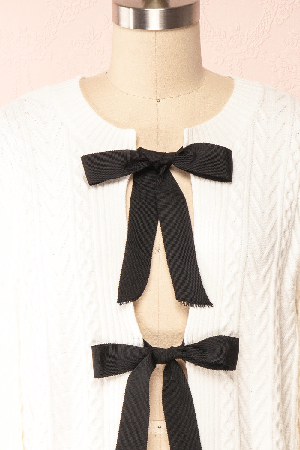 Panda Cropped Knit Cardigan w/ Bow Detail | Boutique 1861 front close up