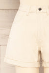 Park Beige High-Waisted Denim Shorts | La petite garçonne front close-up