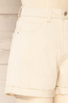Park Beige High-Waisted Denim Shorts | La petite garçonne side close-up