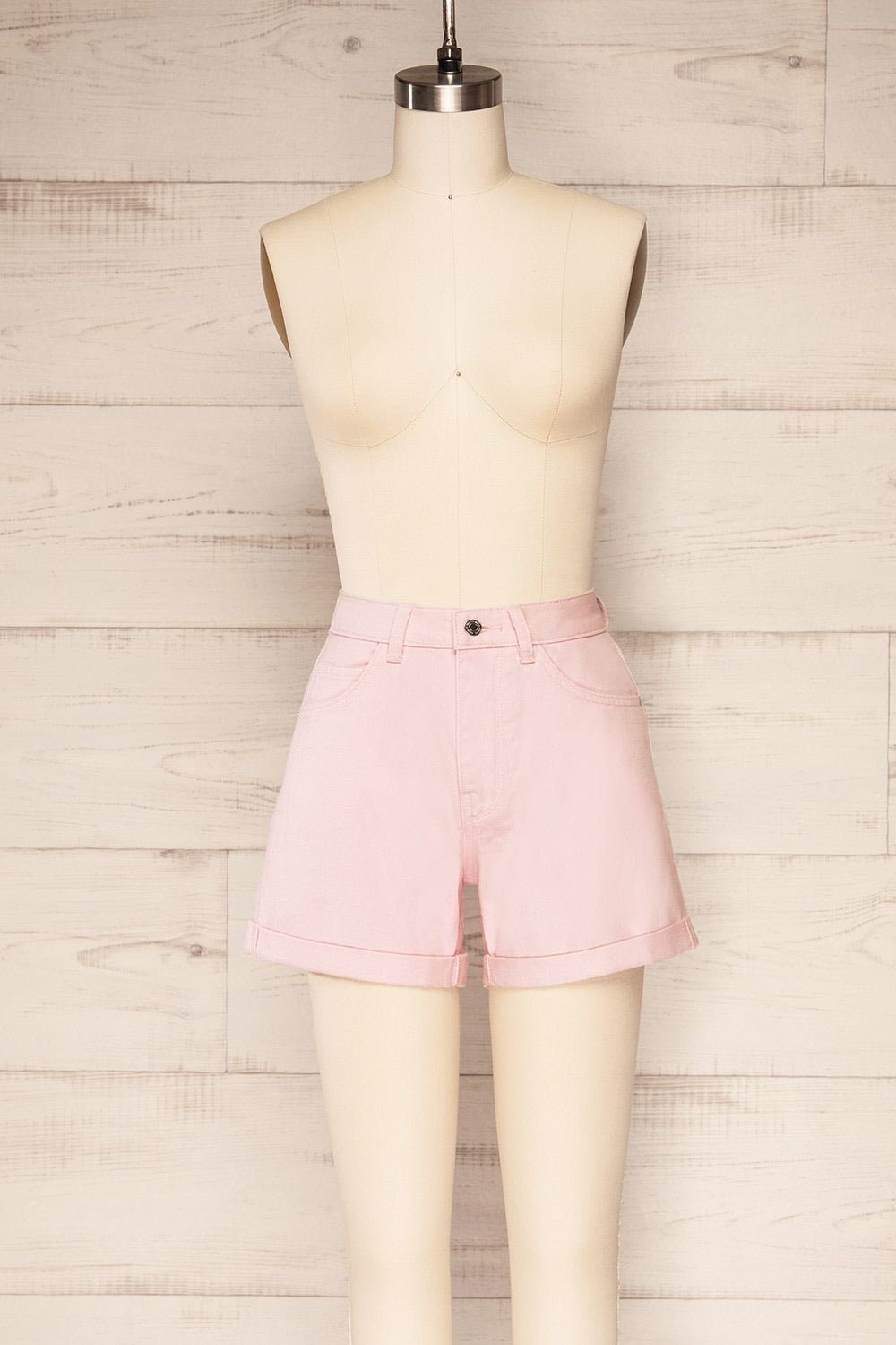 Park Pink High-Waisted Denim Shorts | La petite garçonne front view
