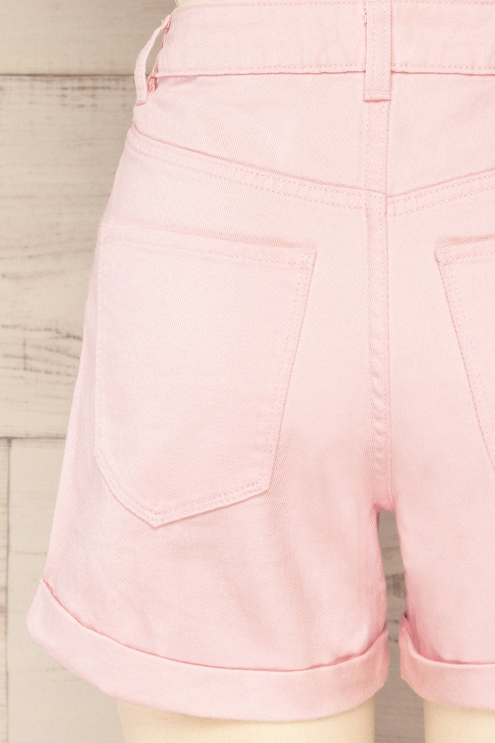 Park Pink High-Waisted Denim Shorts | La petite garçonne back close-up