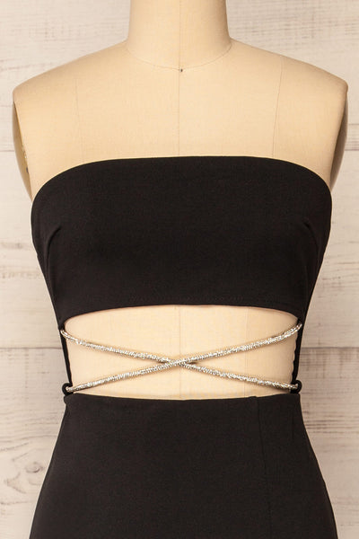 Paterna Fitted Strapless Black Midi Dress | La petite garçonne front close-up