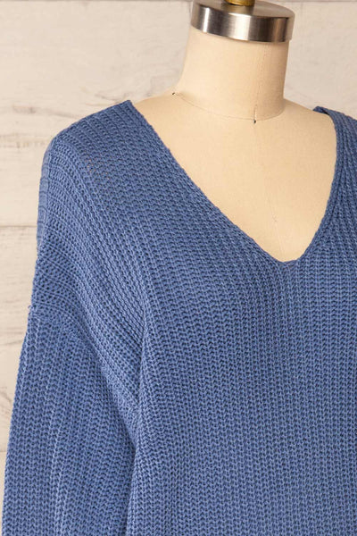 Patras Blue V-Neck Knitted Sweater | La petite garçonne side close up