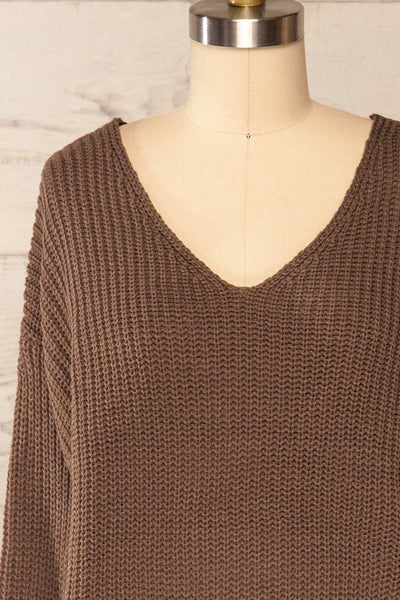 Patras Brown V-Neck Knitted Sweater | La petite garçonne front close up